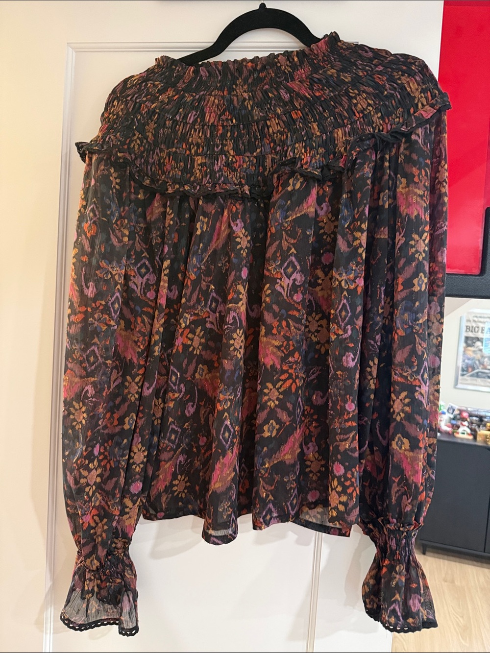 Semi-sheer Smocked Off-Shoulder Floral Blouse - Black Multi